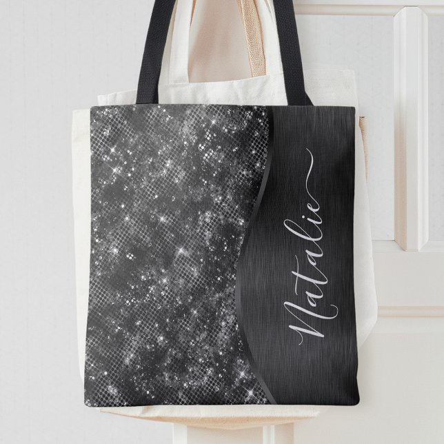 Metallic Black Glitter Personalised Tote Bag (Creator Uploaded)