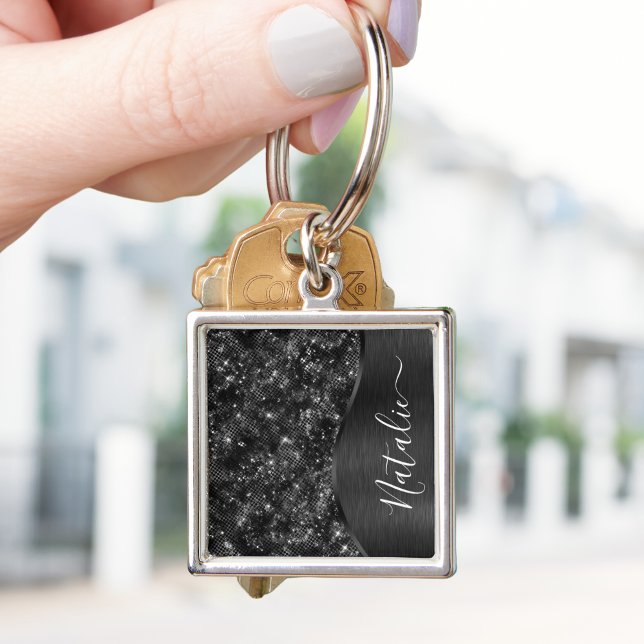 Metallic Black Glitter Personalized Key Ring (Creator Uploaded)