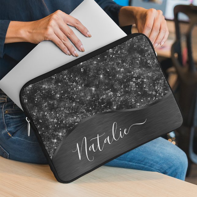 Metallic Black Glitter Personalized Laptop Sleeve (Creator Uploaded)