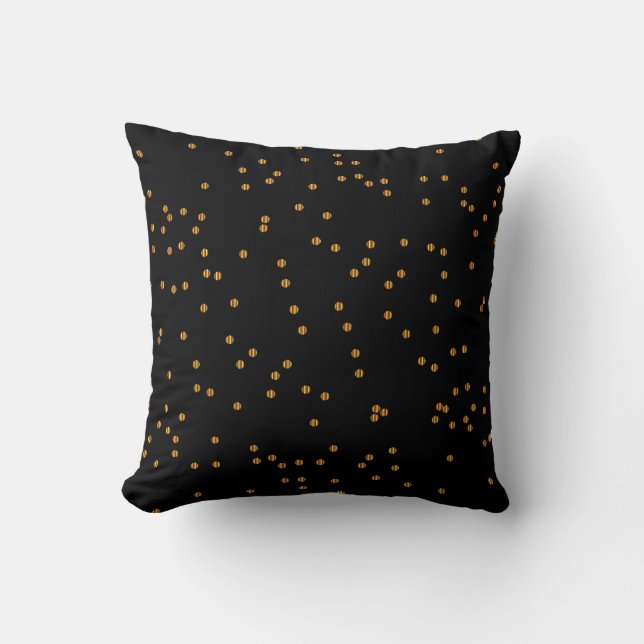Metallic Black & Gold Confetti Dots Cushion (Front)