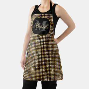 Metallic Black & Gold Glitter Glam Dots Monogram Apron