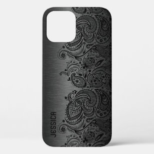 Metallic Black With Black Paisley Lace iPhone 12 Case