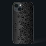 Metallic Black With Black Paisley Lace iPhone 13 Case<br><div class="desc">Black dark grey metallic design brushed aluminium look with black floral paisley lace. Customisable and optional monogram</div>