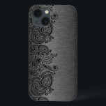 Metallic Black With Black Paisley Lace iPhone 13 Case<br><div class="desc">Black dark grey metallic design brushed aluminium look with black floral paisley lace. Customisable and optional monogram</div>