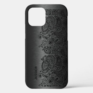 Metallic Black With Black Paisley Lace iPhone 12 Case