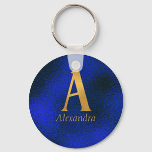 Metallic Blue and Gold Monogram A  Key Ring