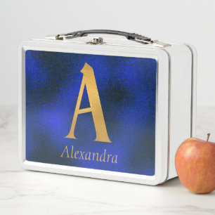 Metallic Blue and Gold Monogram A Metal Lunch Box