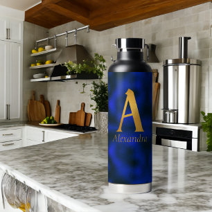 Metallic Blue and Gold Monogram A Water Bottle