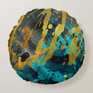 Metallic Blue and Golden Textures Round Cushion