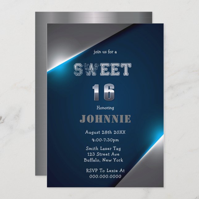 Metallic Blue and Silver Sweet 16 Birthday Party  (Front/Back)