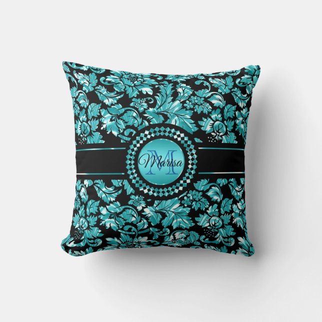 Metallic Blue And White Damask Cushion (Front)