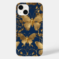 Metallic Blue Butterflies with Gold Vines