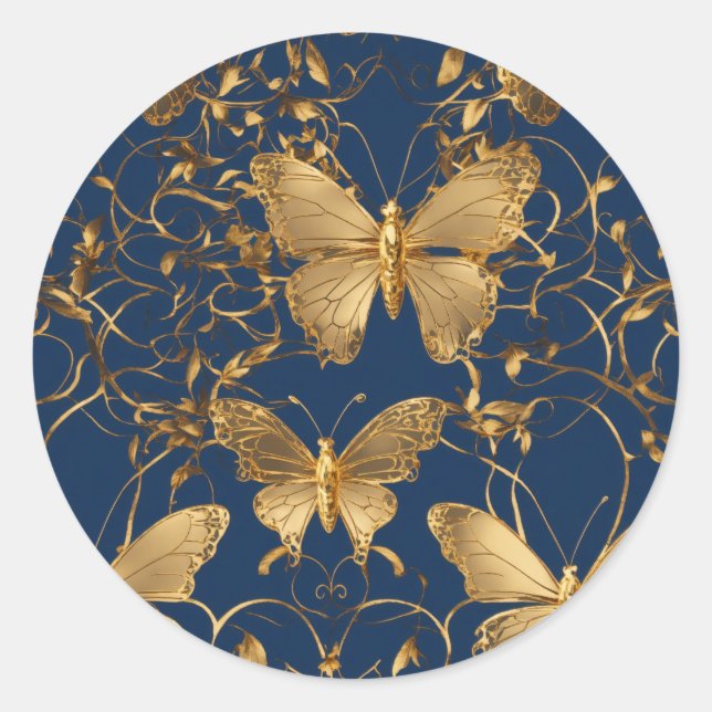 Metallic Blue Butterflies with Gold Vines Classic Round Sticker (Front)