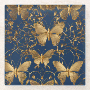 Metallic Blue Butterflies with Gold Vines Glass Coaster