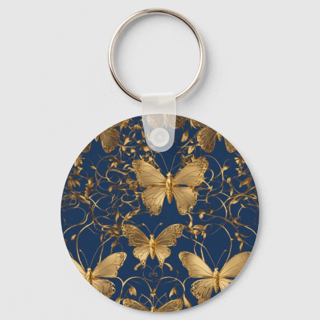 Metallic Blue Butterflies with Gold Vines Key Ring (Front)