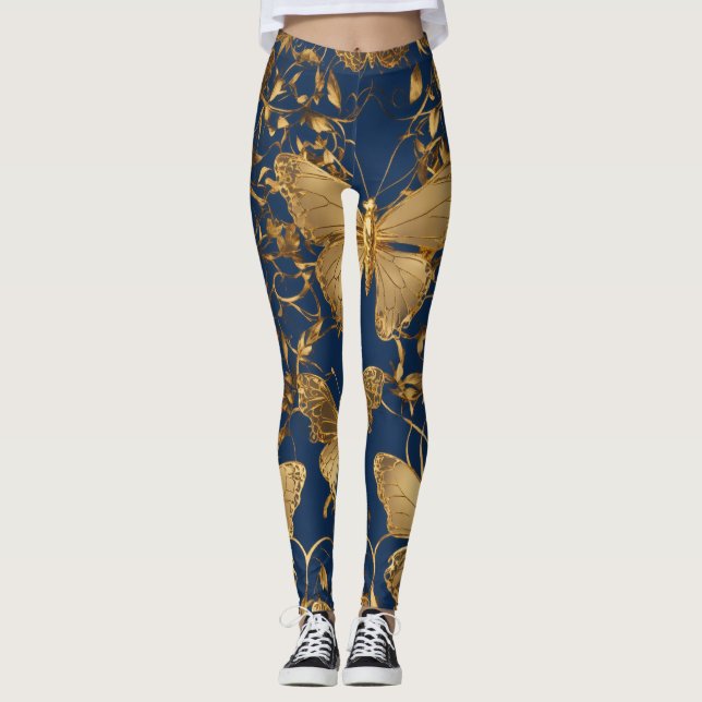 Metallic Blue Butterflies with Gold Vines Leggings (Front)
