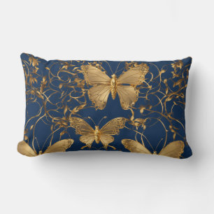 Metallic Blue Butterflies with Gold Vines Lumbar Cushion