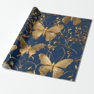 Metallic Blue Butterflies with Gold Vines Wrapping Paper