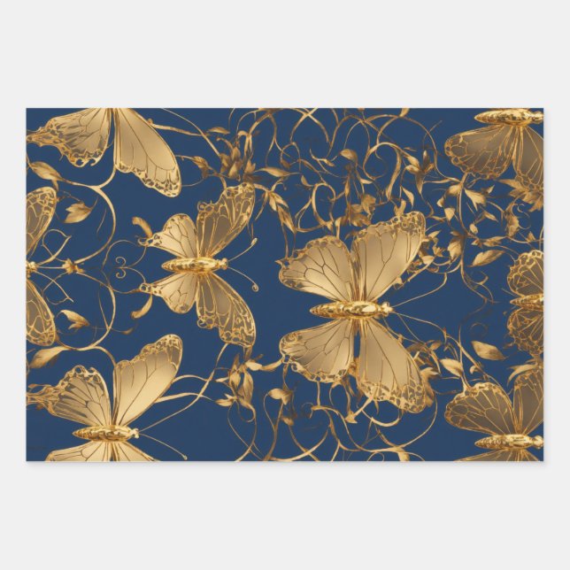 Metallic Blue Butterflies with Gold Vines Wrapping Paper Sheet (Front)