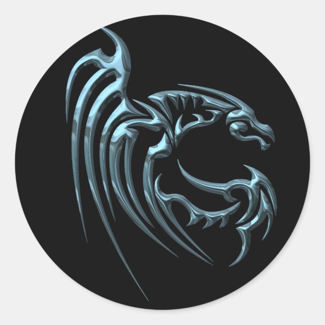 Metallic Blue Dragon with Stripes Classic Round Sticker (Front)