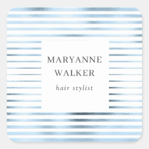 metallic blue foil stripes elegant monogram square sticker