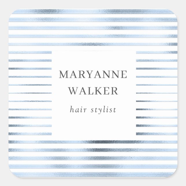 metallic blue foil stripes elegant monogram square sticker (Front)
