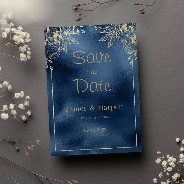 Metallic blue gradient gold floral Save the Date Invitation (Metallic blue gradient gold floral Save the Date)