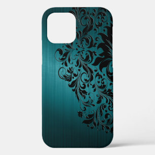 Metallic Blue-Green Brushed Aluminium & Black Lace iPhone 12 Case