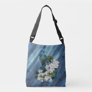 Metallic Blue-green Peacocks on Emerald Green Silk Crossbody Bag