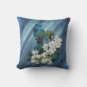 Metallic Blue-green Peacocks on Emerald Green Silk Cushion