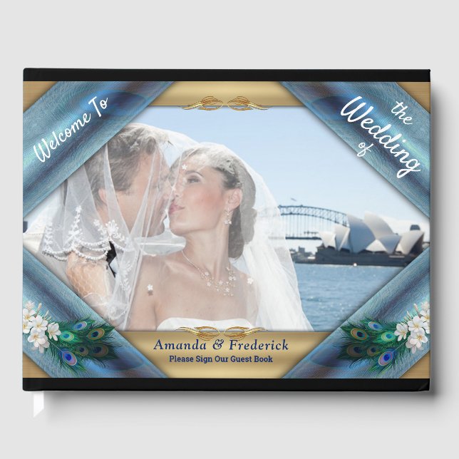 Metallic Blue-green Peacocks on Emerald Green Silk Guest Book (Front)