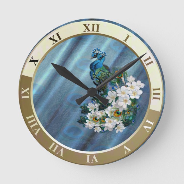 Metallic Blue-green Peacocks on Emerald Green Silk Round Clock (Front)