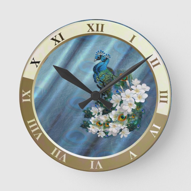 Metallic Blue-green Peacocks on Emerald Green Silk Round Clock (Front)