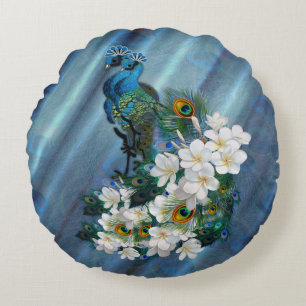 Metallic Blue-green Peacocks on Emerald Green Silk Round Cushion