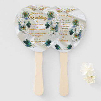 Metallic Blue-green Peacocks on white Silk Hand Fan