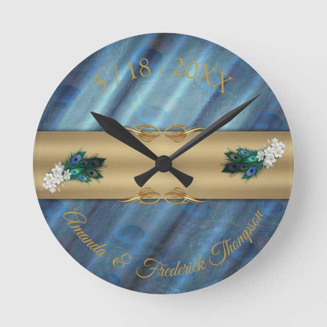 Metallic Blue-green silk- Gold Peacocks Feathers Round Clock (Front)