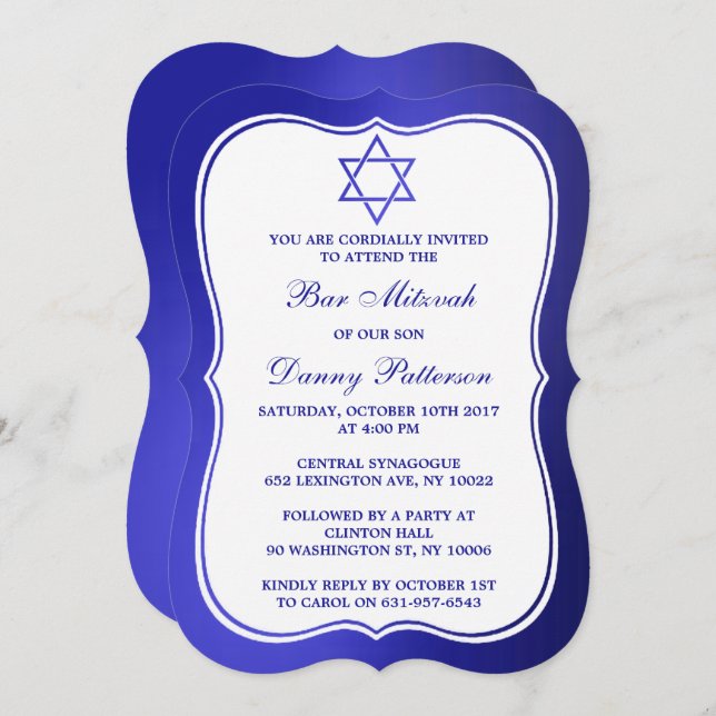 Metallic Blue Jewish Star Of David Bar Mitzvah Invitation (Front/Back)