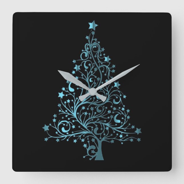 Metallic Blue Stars Christmas Tree Elegant Black Square Wall Clock (Front)