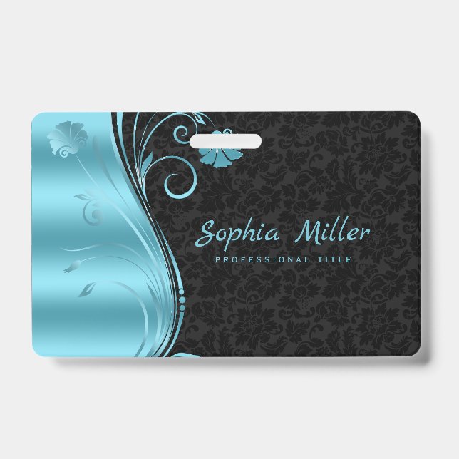 Metallic Blue Swirl Black Damask ID Badge (Front)