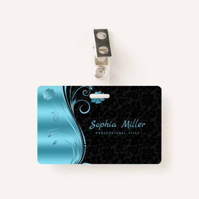 Metallic Blue Swirl Black Damask ID Badge (Front with Clip)