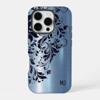 Metallic Blue Texture Blue Swirl Accent Monogram