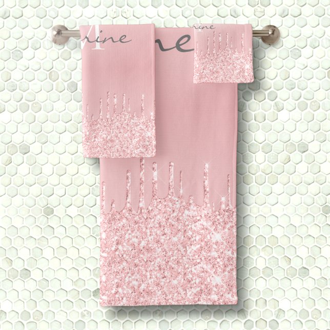 Metallic Blush Pink Dripping Glitter Monogrammed Bath Towel Set (Creator Uploaded)