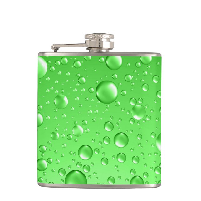 Metallic Bright Green Abstract Rain Drops Hip Flask (Front)