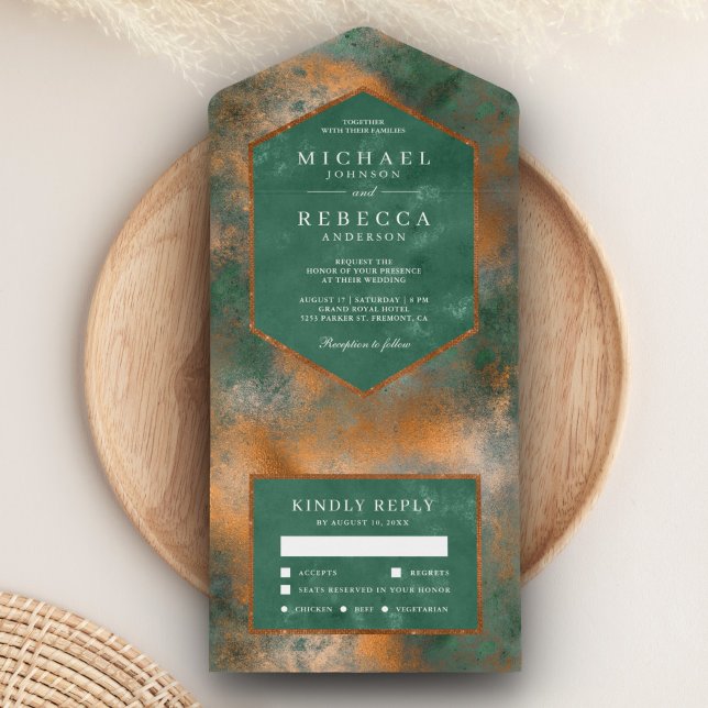 Metallic Bronze Copper Rustic Green Patina Wedding All In One Invitation (Creator Uploaded)