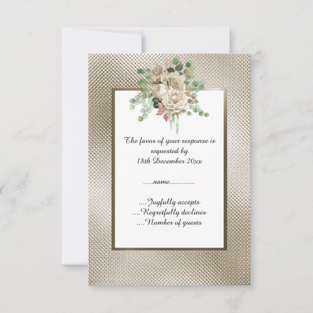METALLIC BRONZE EMBOSSED WHITE FLORAL CUSTOM RSVP CARD (Front)