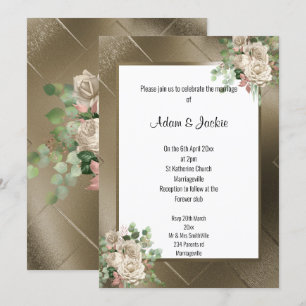 METALLIC BRONZE ROSE EUCALYPTUS FLORAL WEDDING INVITATION