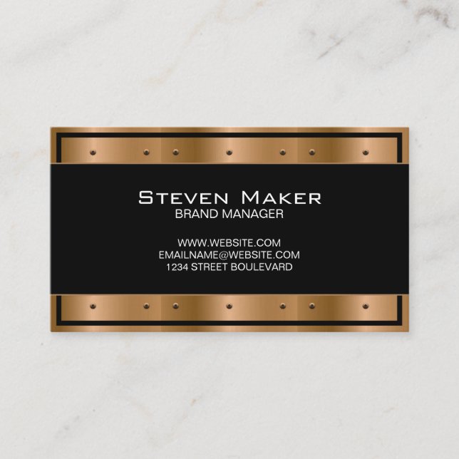 Metallic Bronze with Rivets | Black Border Business Card (Front)
