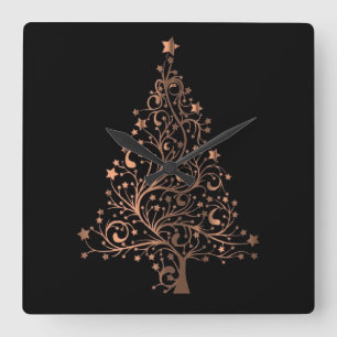 Metallic Brown Copper Stars Christmas Tree Elegant Square Wall Clock