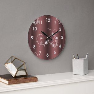 Metallic Brown White Swirls Christmas Large Clock