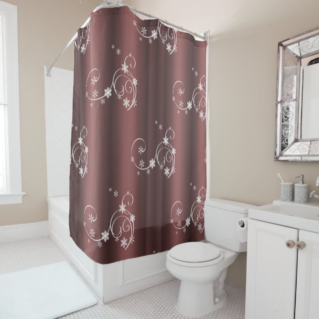 Metallic Brown White Swirls Christmas Shower Curtain (In Situ)